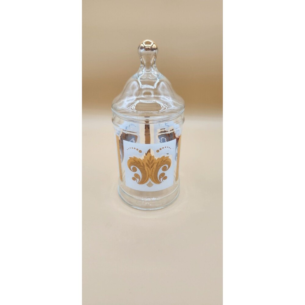 Libbey Mid Century Apothecary Glass Jar Gold Metallic Wheat Stalks